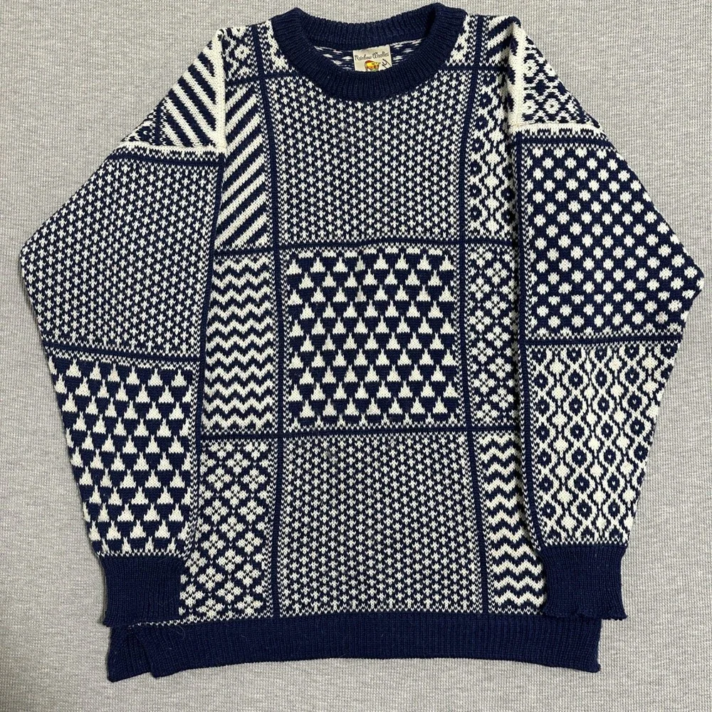 Rainbow Woollies Pure Falkland Wool Crewneck Sweater Patchwork Geometric Mens M